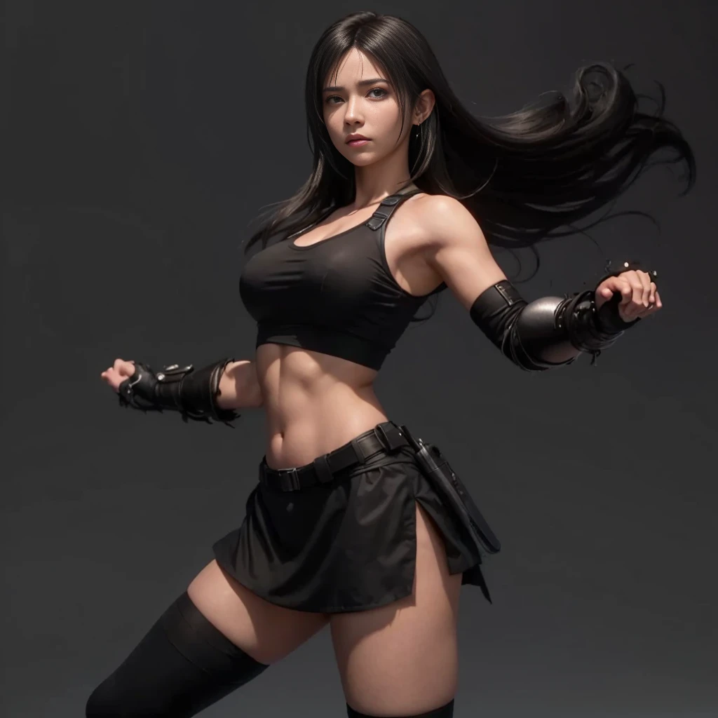 (best quality,ultra-detalhado),(Realistic:1.37),Tifa Lockhart, Rosto bonito e detalhado, maquiagem preta nos olhos, angry serious expression, textura ultra realista, rosto delicado, corpo delicado, Fit physique, usando batom e brilho labial