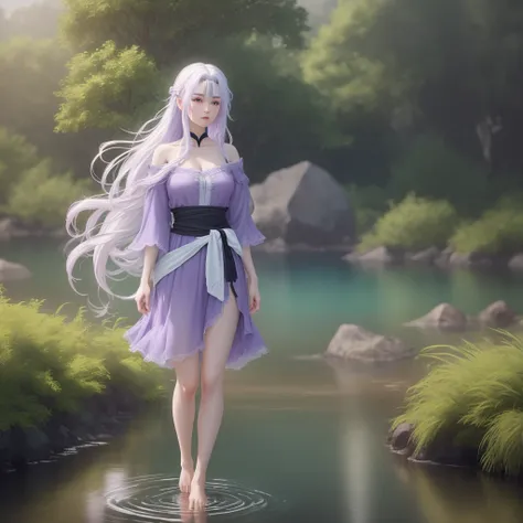 Beauty with purple hair and white hair，standing on water，frontage，Barefoot，Light blue pupils，Long hair and waist，pastelcolor，unreal-engine，Cinematic，8K分辨率，Complicated details，Beautiful，High degree of completion，extreme hight detail，Beautiful CG，Works of ma...