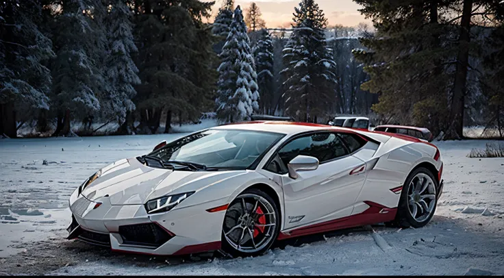 frozen red and white lamborghini car beside a frozen lake surrounded by trees, photorealistic, extremely detailed, vibrant colors, wide angle shot,