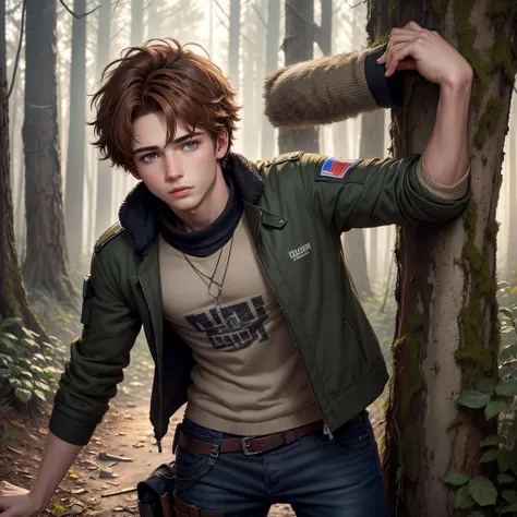 Illustrated image of a young adult male (about 19) with messy, wispy fluffy short auburn brown hair, blue eyes, wearing a post apocalyptic sweater and tactical pants. Background is a Russian apartment complex in a forest. Extremely detailed. One person in ...