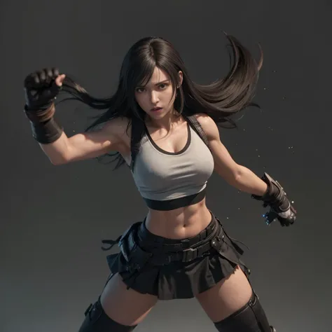 (best quality,ultra-detalhado),(Realistic:1.37),Tifa Lockhart, Rosto bonito e detalhado, maquiagem preta nos olhos, angry serious expression, textura ultra realista, rosto delicado, corpo delicado, Fit physique, usando batom e brilho labial