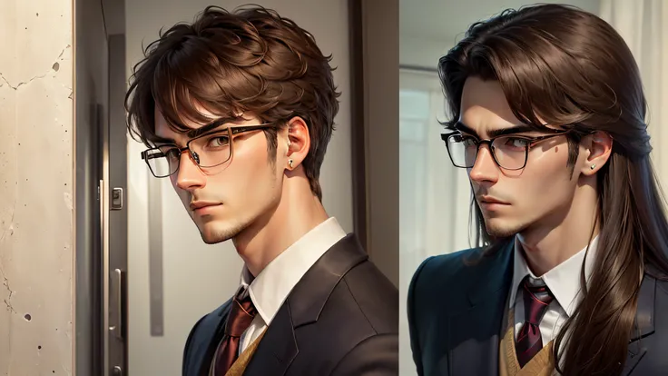 Oval glasses, Shichisan, male, straight hair, brown hair, handsome, tall nose, looks serious