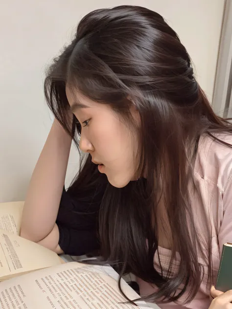 arafed woman lying on bed reading book, Try to learn, Learn, studyng in bedroom, Urzans, Samu rice paste, chiho, read new books, long whitr hair, trying to read, observant ), Bae Xiuzhi, Nam Jae-yeon, text and a pale young woman