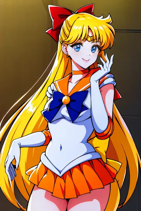 masutepiece, Best Quality, High resolution, venus1, 1 girl, Solo, Warrior Sailor Suit, sailorvenus, aino minako, Blonde hair, magical little girl, Blue eyes, Orange Ultra Mini Skirt, Elbow length gloves, tiarra, Pleated skirt , Hair Bow, Orange Sailor Neck...