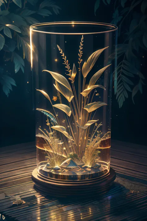 "High quality crystal engraving，Contains natural aquatic plants, gold fish, Eau, light glow, Fantastical, Incredibly detailed, tmasterpiece, top-quality, north african free trade area, 4K, 8K,".