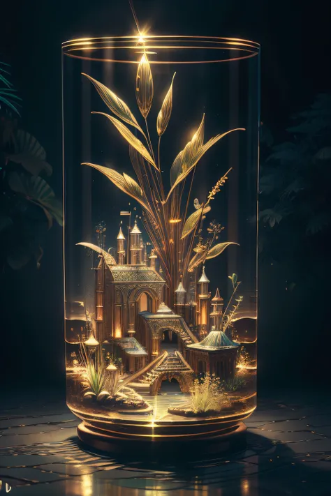 "High quality crystal engraving，Contains natural aquatic plants, gold fish, Eau, light glow, Fantastical, Incredibly detailed, tmasterpiece, top-quality, north african free trade area, 4K, 8K,".