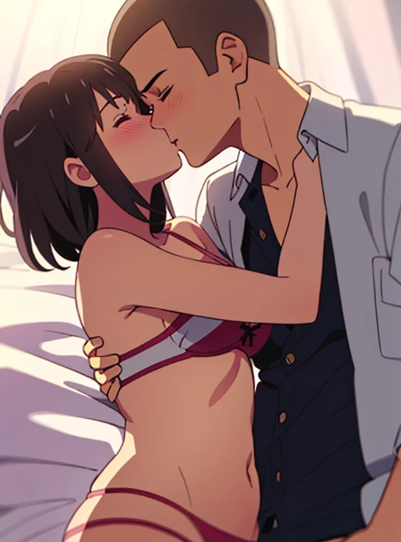 shinkai makoto, kimi no na wa., 1boy, buzzcut, blush, muscular, topless, open arms for viewer, hug, buzzcut boy_on_top, lying, half closed eyes, 1girl, bangs, bed sheet, black hair, blush, breasts, medium breast, half closed eyes, red bow, short hair, whit...