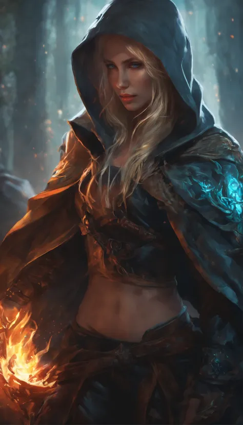 masterpiece, Rogue assassin girl, wearing a hood, blonde hair, shrouded in shadows, holding a flaming dagger in each hand, vibrant glowing abyssal colors, entirely in frame, FULL BODY, radiating electrical energy, shoulder length messy hair, Full body, Bea...