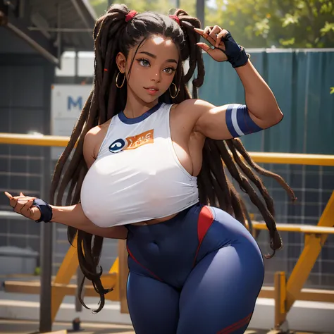 dark-skinned female, tenue de gymnastique, poitrine, gros seins, voluptueux, thick thighs, Oppai, hanches larges, Sinueuse, gros cul, cul massif, dreadlocks, high resolucion, Pantalon de yoga