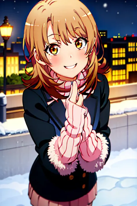 (isshikiIroha:1.5), masterpiece, best quality, absurdres, 1girl, looking at viewer, standing, upper body, outdoors, street, city, snow, turtleneck, pink sweater, evil smile, grin, leaning forward, gloves, night