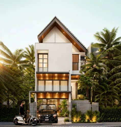 raw photo, outdoor, (residential architecture exterior:1.3), 1 house architecture, (elegant), singapore tropical modern house st...