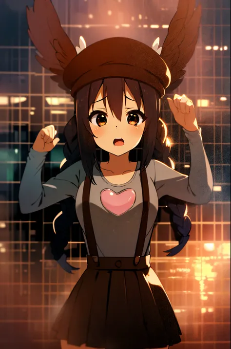 1girl, (((​masterpiece))), top-quality, top-quality, high détails, nakano azusa, 1girl, Twin-tailed, length hair, A dark-haired, brown-eyed, Gray T-shirt.suspenders.a black skirt.illustratio, comic strip, soothing tones, Subdued Color, Soft cinematic light...