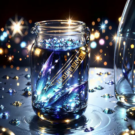 the glass bottle in the water is decorated with sparkling crystals  image, no humans, blurry, blurry background, outdoors