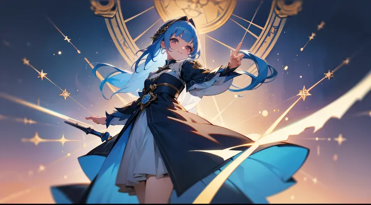 one-girl，blue hairs，ssmile，renaissance french background，offcial dress，Best quality at best，Ultra-high sharpness，quadratic element，《the original god》game characters