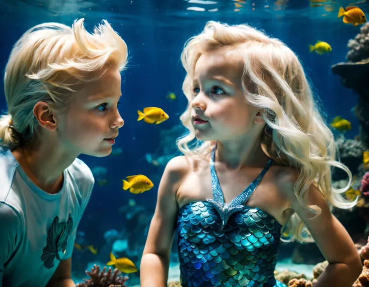 ocean park aquarium，cute mermaid，silver blonde hair and blue eyes underwater，a little boy looks at