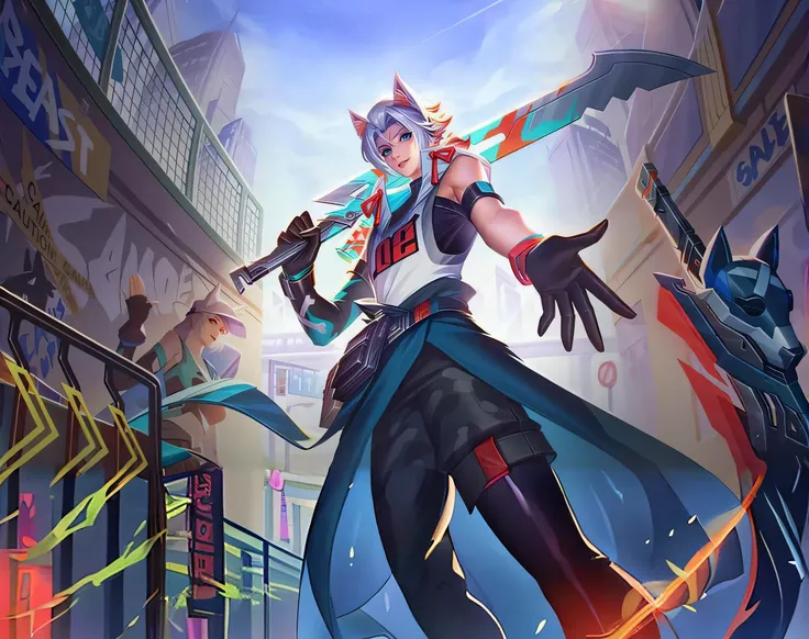 a woman in a long dress holding a sword and a sword, keqing from genshin impact, hero pose colorful city lighting, league of legends character, zhongli from genshin impact, by Yang J, ahri, freya, kda, style league of legends, riven, ashe, from league of l...