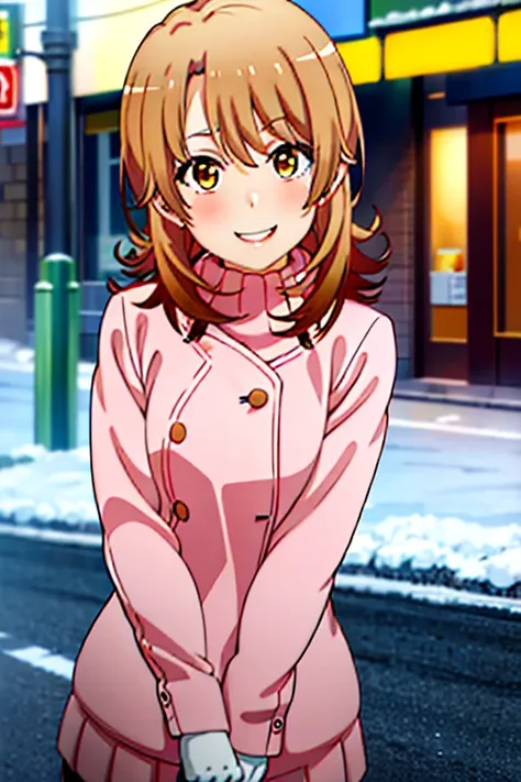 (isshikiIroha:1.5), masterpiece, best quality, absurdres, 1girl, looking at viewer, standing, upper body, outdoors, street, city, snow, turtleneck, pink sweater, evil smile, grin, leaning forward, gloves, night