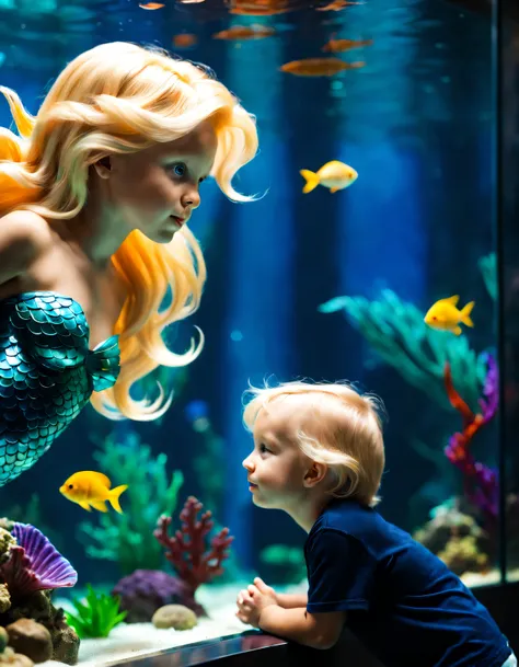 A little boy looks at a cute blond mermaid in a glass aquarium, Ocean park