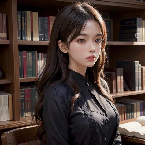 use exactly the same facial feature, hair and head as the previous prompt. use exactly the same attire, but this time she is solo and wear outerwear like blouse. the setting is at library studying solo