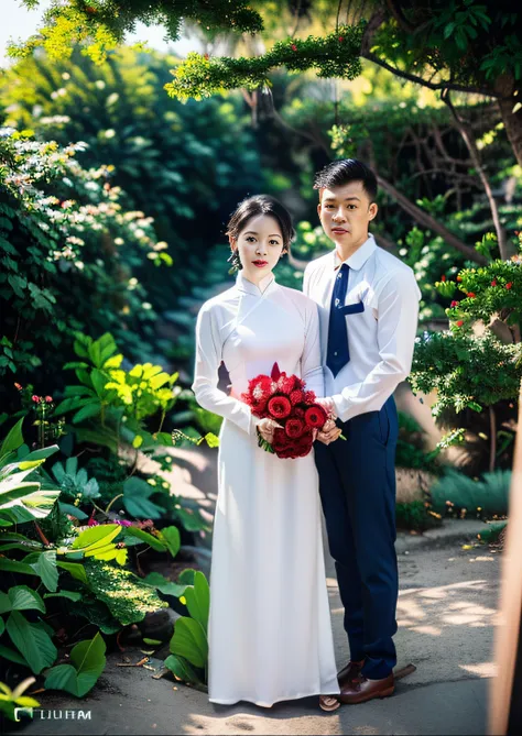((masterpiece), (best quality), (raw photo), (photorealistic:1.4), Highly realistic photo, Portrait of couple Vietnamese, ((white shirt)), aodai ((black hair)), The light from above shines down, dark blue background, photo taken in 1975 by Fujifilm XT3