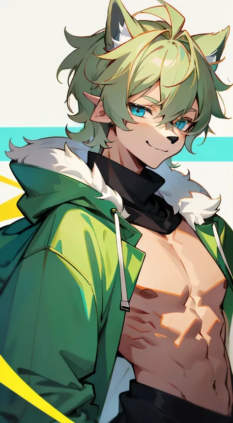 man with dog face， dog， light green fur，Light Blue Eyes ， ， Happy expression，Light Blue Eyes， ， light blonde， ， Wear a black hoodie， skin details， ， I&#39;m young， ， sagging ears， ， ， Deviation tendency， furry art， Hairy breasts， fursona furry， furry chara...