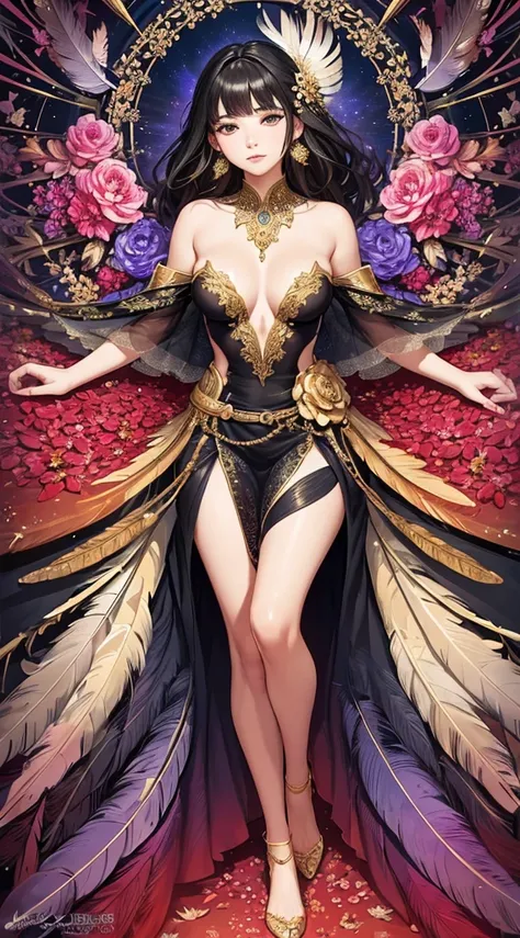 A female with medium breasts, slim body, cleavage, bare shoulders, black hair, colored flowers bed, particles, light rays, (masterpiece, top quality, best quality, official art, beautiful and aesthetic:1.2), (1girl:1.3), extremely detailed,(fractal art:1.1...