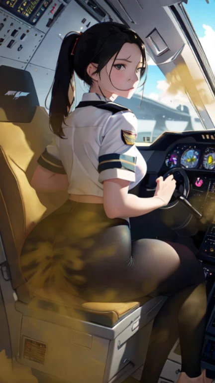 ((velocity)),Yellow smoke,Attacked by farts, (((Women farting))),(girl farting while sit captain seat and control the plane)),frowned,velocity,(Yellow smoke is rising))(a female pilot), (wearing a pilot uniform and legging),(sit facing the screen),(her but...