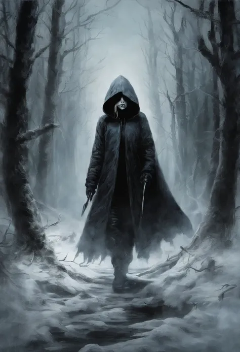 Classic horror painting. Blonde woman with angular face and piercing blue eyes, wearing a bulky old-style hooded parka, walks fearfully toward the viewer through a snow storm in a birch forest at night. BREAK. One ten-foot-tall shaggy black cat with fiery ...