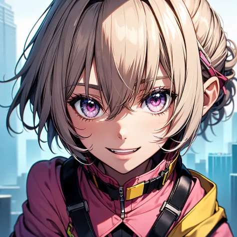 masutepiece, Best Quality, {Best Quality}, {{masutepiece}}, {hight resolution}, Focus, Anime-style images, Close-up of female cartoons, Girl Design, Portrait, Gisha, Short hair with silver bob styled in a bun with hair clip, Pink eyes, A smile、Open your mo...