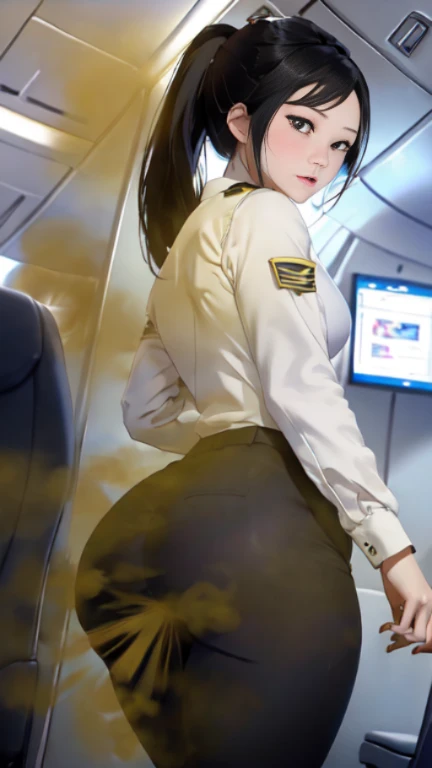 ((velocity)),Yellow smoke,Attacked by farts, (((Women farting))),(girl farting while walking down the aisle of the plane)),frowned,velocity,(Yellow smoke is rising))(a female air hostess), (wearing a flight attendant uniform),(stand facing the screen),(her...