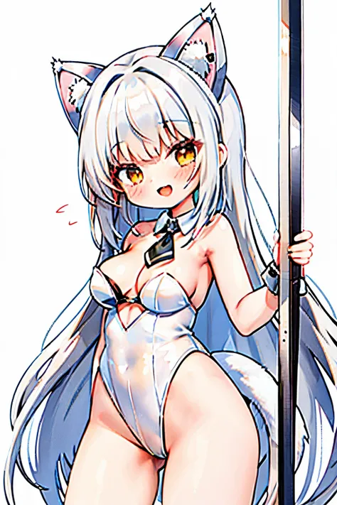 1girl in, Animal ears, Cats ears, Solo, Leotard, tail, Long hair, Detached collar, Yellow eyes, highleg leotard, Cat tail, Armpits, Wrist cuffs, Looking at Viewer, white  leotard, highleg, Smile, White background, Arm up, Open mouth, pole, Fake animal ears...