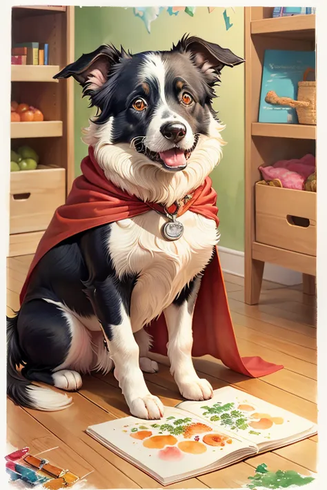 ((best quality)), ((masterpiece)), (detailed), A childrens watercolor illustration image with the concept of Superfoods for Superdogs: A Healthy Adventure featuring a Border Collie wearing a cape and holding a map