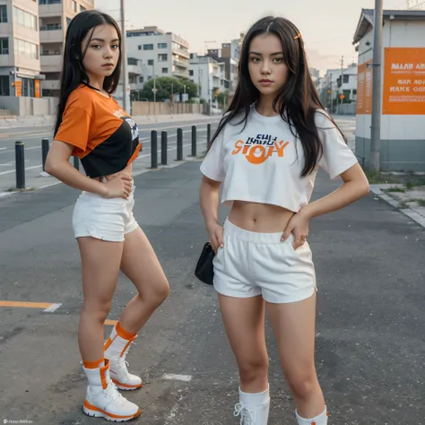 ((best quality)), ((masterpiece)), (detailed), perfect face, young girl, Mongoloid, stands at full height, holds her left hand on her hip, black straight hair to the hip, short stature, white sports shorts, orange T-shirt, white and orange boots, against t...