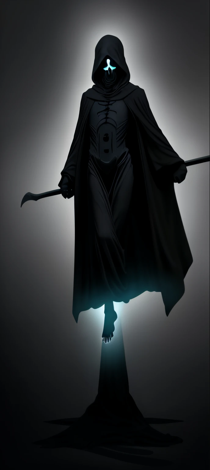 Glowing shadow ,grim reaper, no face , levitating, no feet , long , black , ethereal  robe.