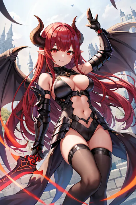 Diabolical、Knights、Western armor、armor、foot armor、long boots、nffsw、No shoulder、arm guards、knee high、tights、large wings on the back、horns on head、Black feathers、Devils Wings、Red hair、The long-haired、Navel、Colossal tits、Raise your sword、Great sword、Eye Highl...