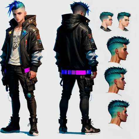 Reference sheet of a cyberpunk young boy