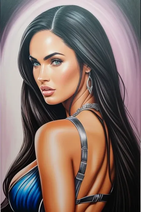 um desenho de uma mulher com seios grandes em um vestido preto, Megan Fox Retrato, Retrato de Megan Fox, portrait of megan fox as demon, pintura sexy de gal gadot, Retrato de Megan Fox como uma rainha, Retrato de Kim Kardashian, airbrush on canvas, mulher ...