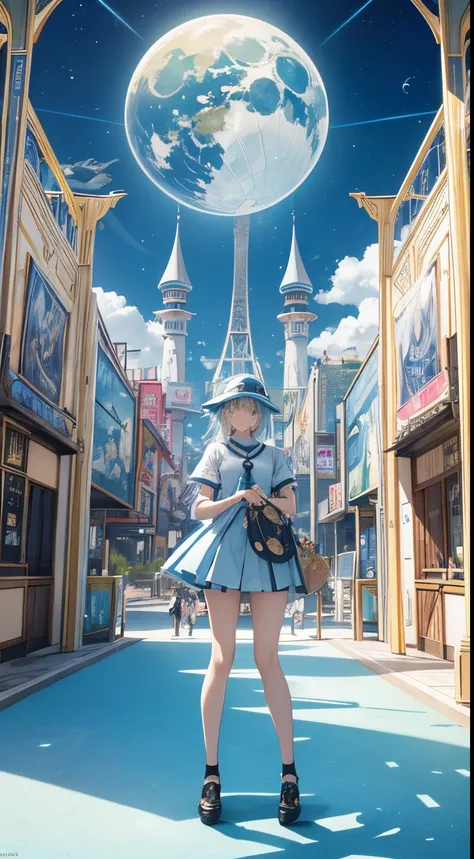 Aquirax Uno, Walter Crane, Surreal, mysterious, bizarre, fantastical, fantasy, Sci-fi, Japanese anime, an amusement park with a giant pop-up picture book, the background is pale blue space, a paper moon floats, a beautiful high school girl in a miniskirt e...