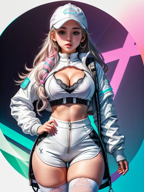 teens girl、white,totally white,Pastel colors,Girl in techwear clothes,A sexy,circular shapes on background、Cyber City、thighs thighs thighs thighs、cleavage of the breast