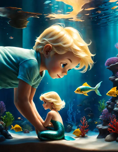 A little boy looks at a cute blond mermaid in a glass aquarium, Ocean park