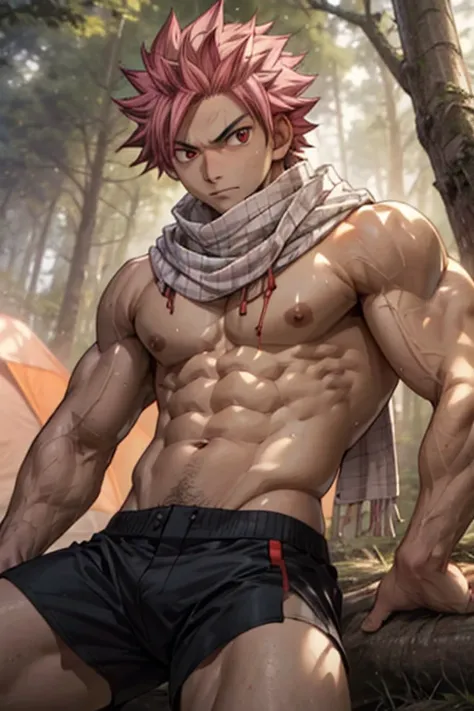 masterpiece, best quality red eyes, game cg, 1boy, solo, male focus, looking at viewer, upper body, Natsu Dragneel natsu_dragneel, pink hair, red eyes, shirtless naked, toned muscle, pectorals, 8 abs, toned legs, naked, slightly bulged, camping in forest, ...