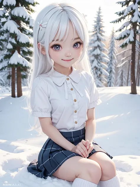 girl, ((loli)), medium hair, ((small breasts)), shorts under skirt, white hair, kawaii, (chibi), snow, white kneehighs, light smile, looking at viewer, uwabaki, (sitting), Full body