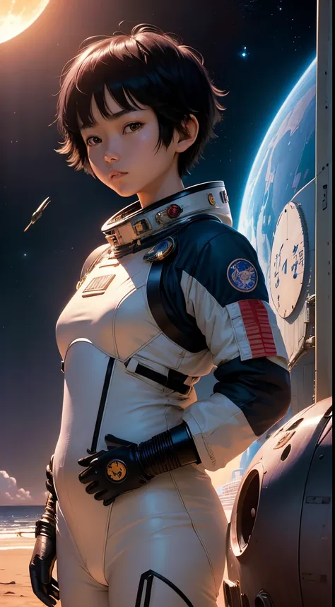 Naoyuki Katoh, Katsuhiro Otomo, Surreal, mysterious, strange, fantastical, fantasy, Sci-fi, Japanese anime, beach in space, crash-landed spaceship, beautiful girl with short black hair in a space suit, perfect body, double moon in the sky, nebula, hyper de...