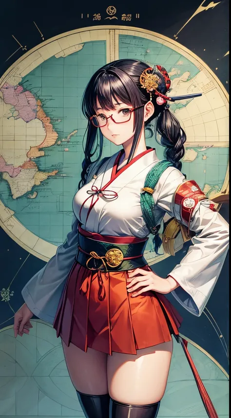 Akiko Hayashi, Ukiyo-e style, Régis Loisel, surreal, mysterious, bizarre, fantastic, fantasy, Sci-fi, Japanese anime, map editor miniskirt beautiful high school girl who draws a map of a transparent city, surveying instruments, draft table, glasses beautif...