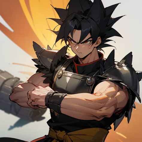 (best quality,ultra-detailed,:1.37),3D rendering, Black Martial Arts Clothing, Armor Piece On Arm, The warrior has Black Spiky Saiyan Hair and wears Fur Trim Clothing. He has a Muscular Build and a Saiyan Tail.