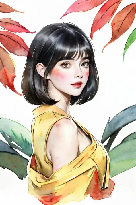 ((1girl in:), beauitful face, (Lifelike face), (A dark-haired, short-hair:1.3), Beautiful hairstyle, 二重まぶた、 Beautiful skins, Garden with beautiful autumn leaves Autumn leaves red yellow autumn leaf pattern kimono(​masterpiece)、(ultra-detailliert)、Best Illu...