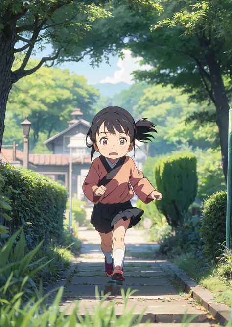 In the style of Hayao Miyazakis studio, the little girl runs on the grass with a lively appearance and softened edges-ar16:9 --auto --s2