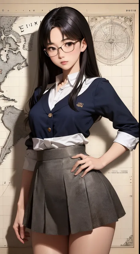 Akiko Hayashi, Régis Loisel, surreal, mysterious, bizarre, fantastic, fantasy, Sci-fi, Japanese anime, map editor miniskirt beautiful high school girl who draws a map of a transparent city, surveying instruments, draft table, glasses beautiful girl, perfec...