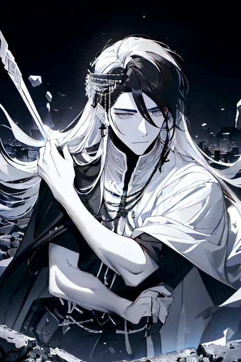 ((A ruined city full of rubble)),(After the war),((Vast landscape full of rubble)),(Gorgeous and sacred costume like a god),((long hair touching the ground)),((White and black hair)),(Lifeless eyes),((Look at me with a soft smile)),((i&#39;i&#39;I&#39;m in...