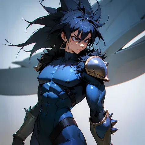 (best quality,ultra-detailed,:1.37),3D rendering, Dark Blue Bodysuit, Modern Armor Piece On one Arm, The warrior has Black Long Spiky Saiyan Hair and wears Fur Trim Clothing. He has a Muscular Build and a Saiyan Tail.